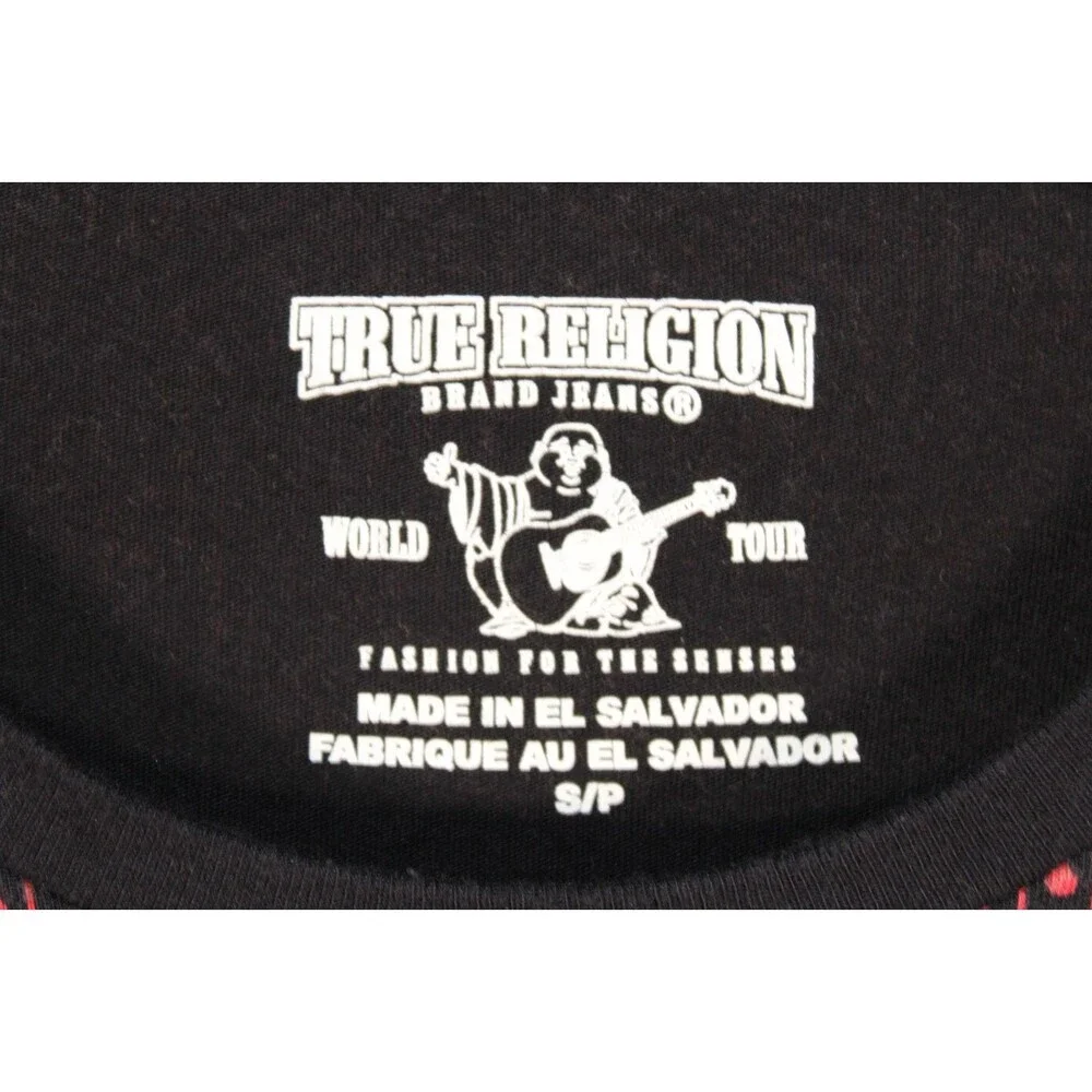 True Religion Men's Black Red All Over Print Buddha Graphic Crewneck T-Shirt S